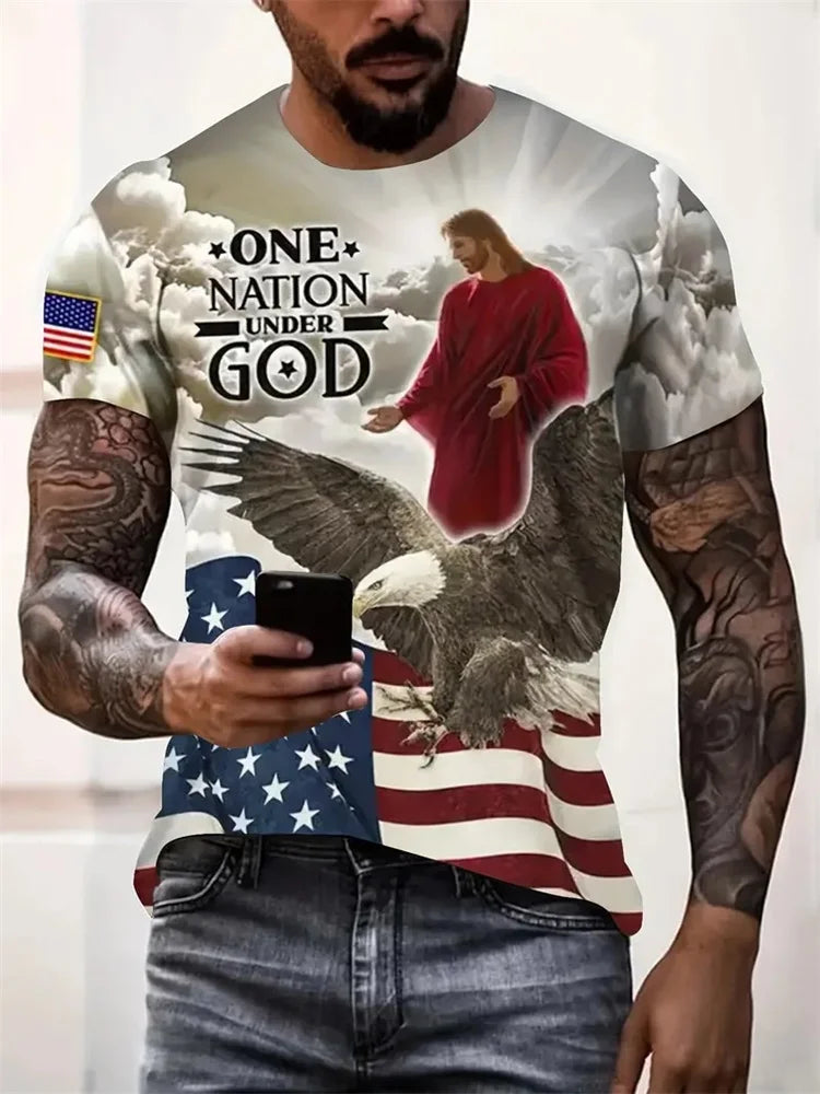 Cross Warrior With Lion Print Fashion Comfort Men's T-shirt Outdoor Street Trend Fashion Men's Top Jesus Print Men's Y2K Top