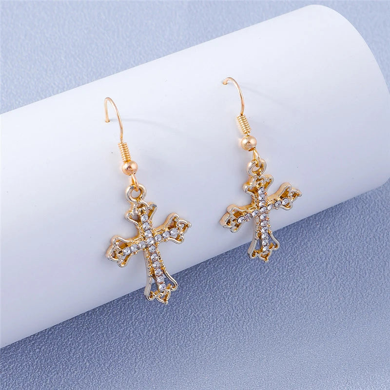 Fashion Zircon Crystal Cross Earrings for Women Men Gothic Punk Hip Hop Jesus Crucifix Dangle Earring Christian Party Jewelry