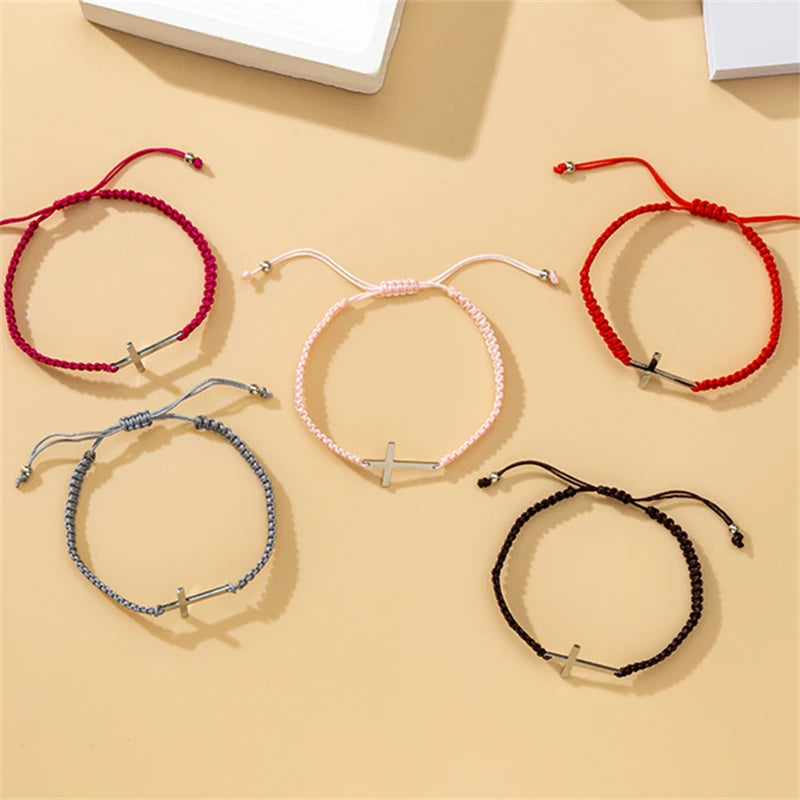 Simple Cross Black White Braided Rope Couple Bracelets Silver Color Adjustable Bracelet Christian Jewelry