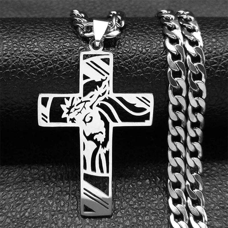 Crown of Thorns Jesus Cross Necklace for Men Stainless Steel Gold Plated Crucifix Pendant Necklaces Jewelry N8052