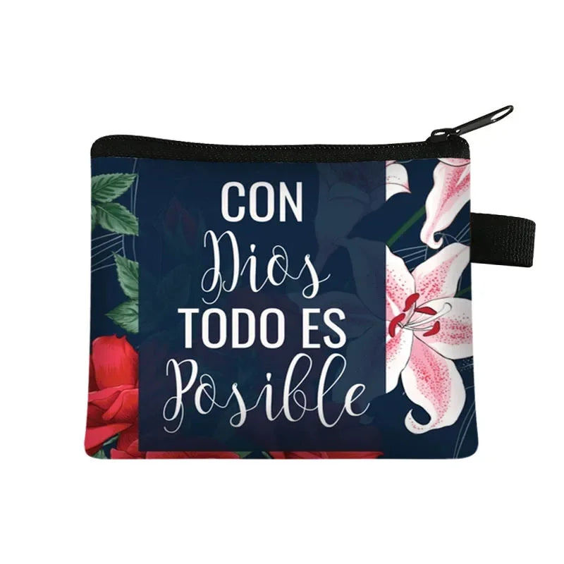 Christian Gift Bible Verse Wallet  Women Coin Purse Con Dios Todo Es Posible Money Bag Small Handbag Floral Purses