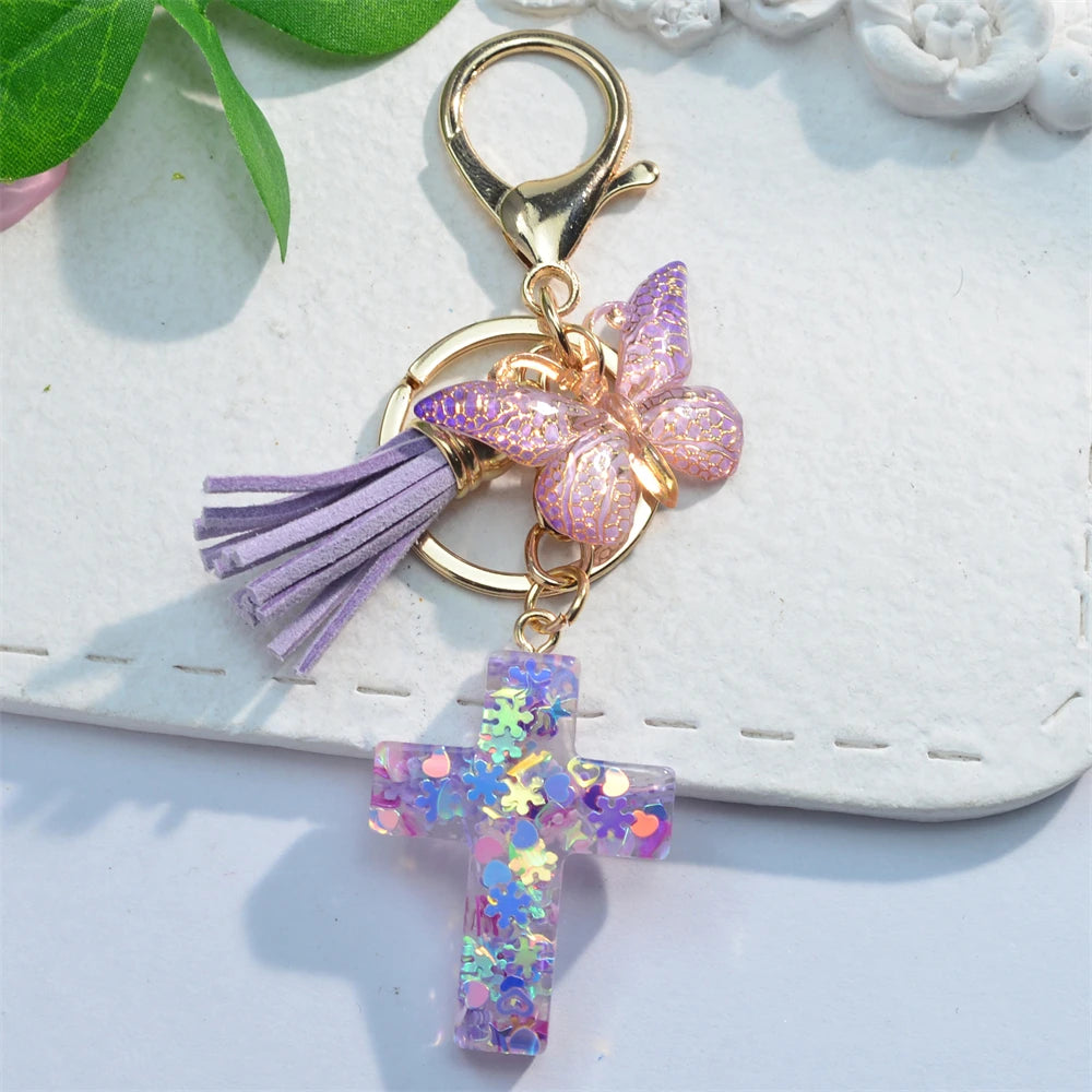 Cross Butterfly Keychain Christian Cute Resin Key Chain Ring Purse Bag Backpack Charm Car Ornament Earbud Case Accessories Gift