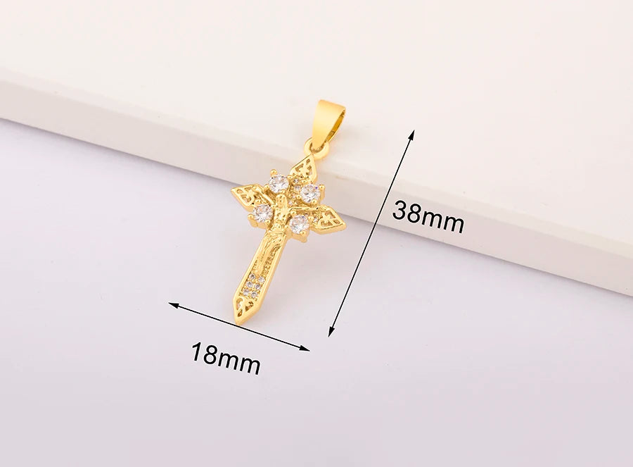 New Retro Christian Jesus Cross Pendant DIY Necklace For Women Copper Shiny Zircon Charms Jewelry Making Supplies Accessories