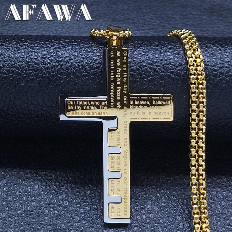 Cross Christian Church Prayer Necklace Men Stainless Steel Gold Color Bible Amulet Necklaces Jewelry