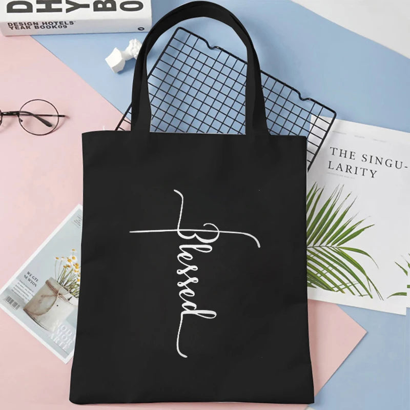 Faith Print Shopping Bag Tote Handbag Shopper Recycle Bag Reusable Tote Jesus Fashion Casual Handbag Purse Travel Beach Totes