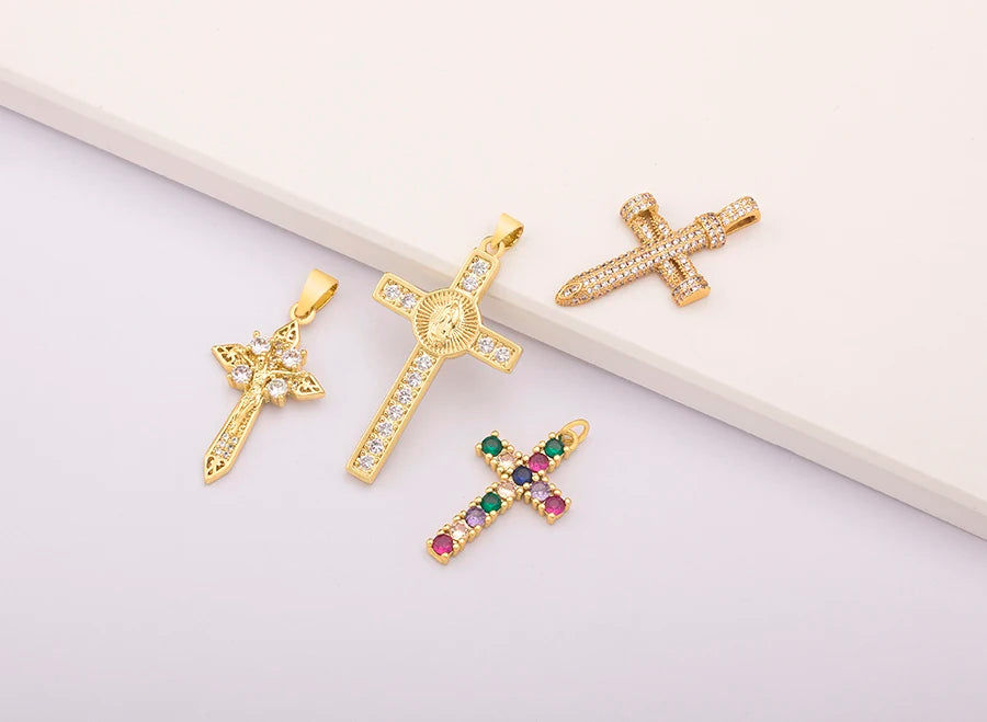 New Retro Christian Jesus Cross Pendant DIY Necklace For Women Copper Shiny Zircon Charms Jewelry Making Supplies Accessories