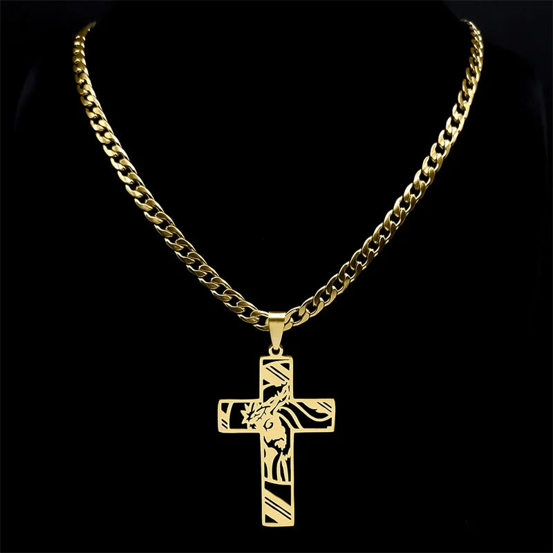 Crown of Thorns Jesus Mary Cross Necklace for Men Stainless Steel Gold Plated Crucifix Pendant Necklaces Jewelry