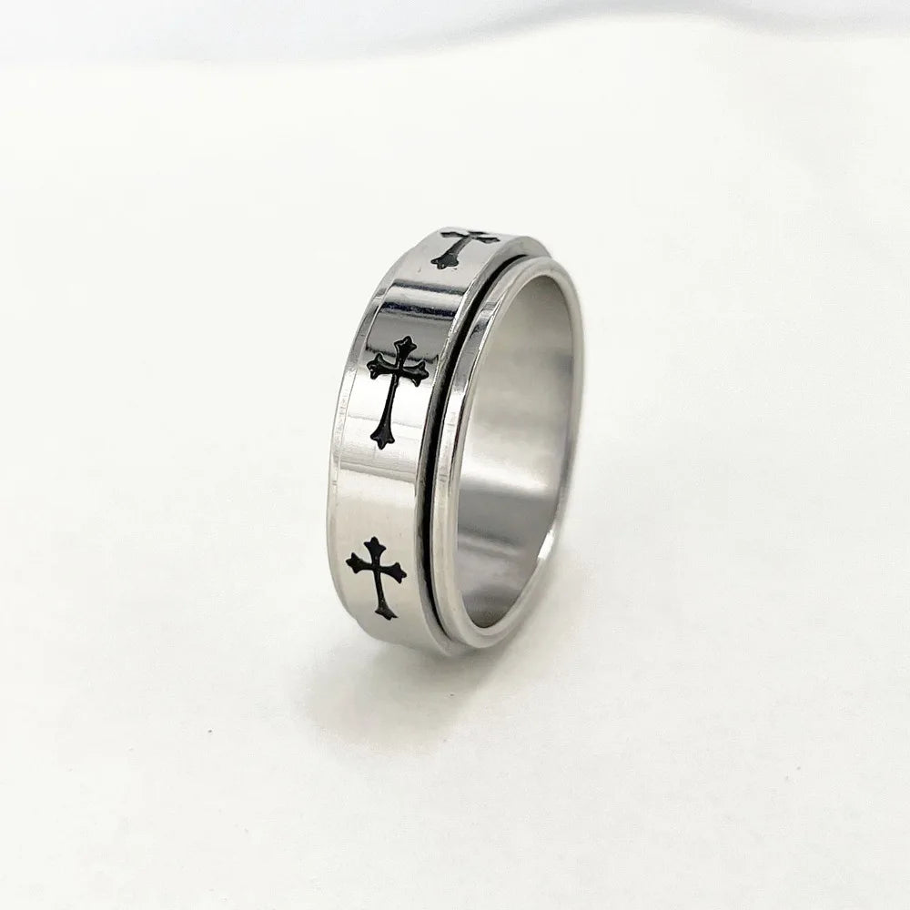 Rotatable Metal Cross Ring For Men Women Silver Color Stainless Steel Ring Punk Gothic Simple Accessories Christian Jewelry Gift