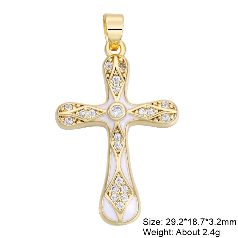 18K Real Gold Plated Enamel Cubic Zirconia Christian Cross Charms For DIY Religious Christmas Pendant Rosary Jewelry Making