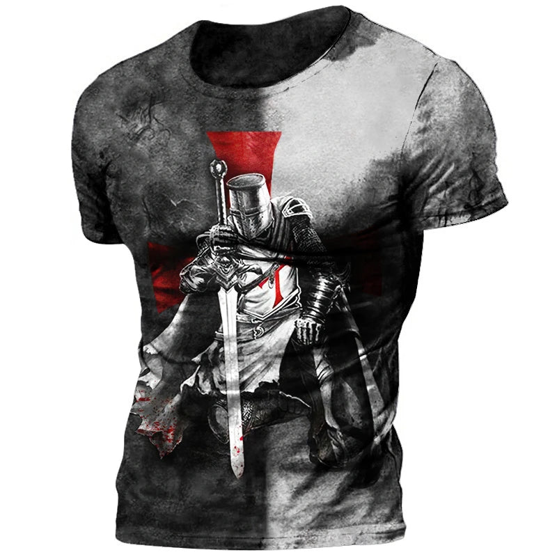 Templar 3D Printed Jesus Christ Cross Men's Retro Street Oversized Casual Loose Comfortable Round Neck Short Sleeve T-shirt Tops