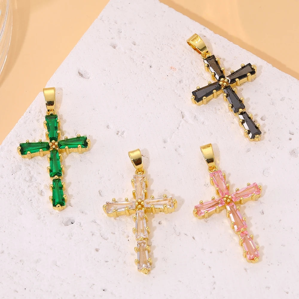18K Real Gold Plated Enamel Cubic Zirconia Christian Cross Charms For DIY Religious Christmas Pendant Rosary Jewelry Making