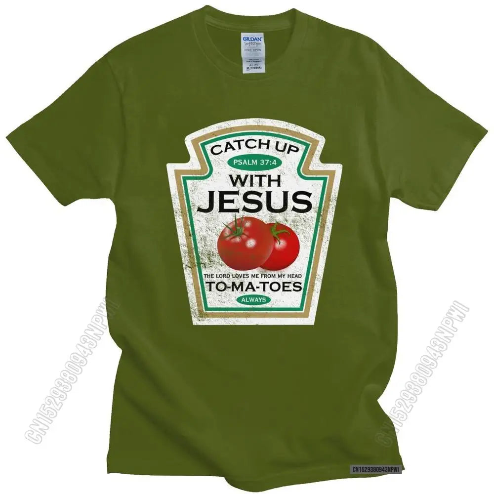 Funny Catch Up With Jesus T Shirt Men Vintage Vegan Tomato T-Shirt Christian Gift Veganism O-Neck Cotton Tee Merchandise