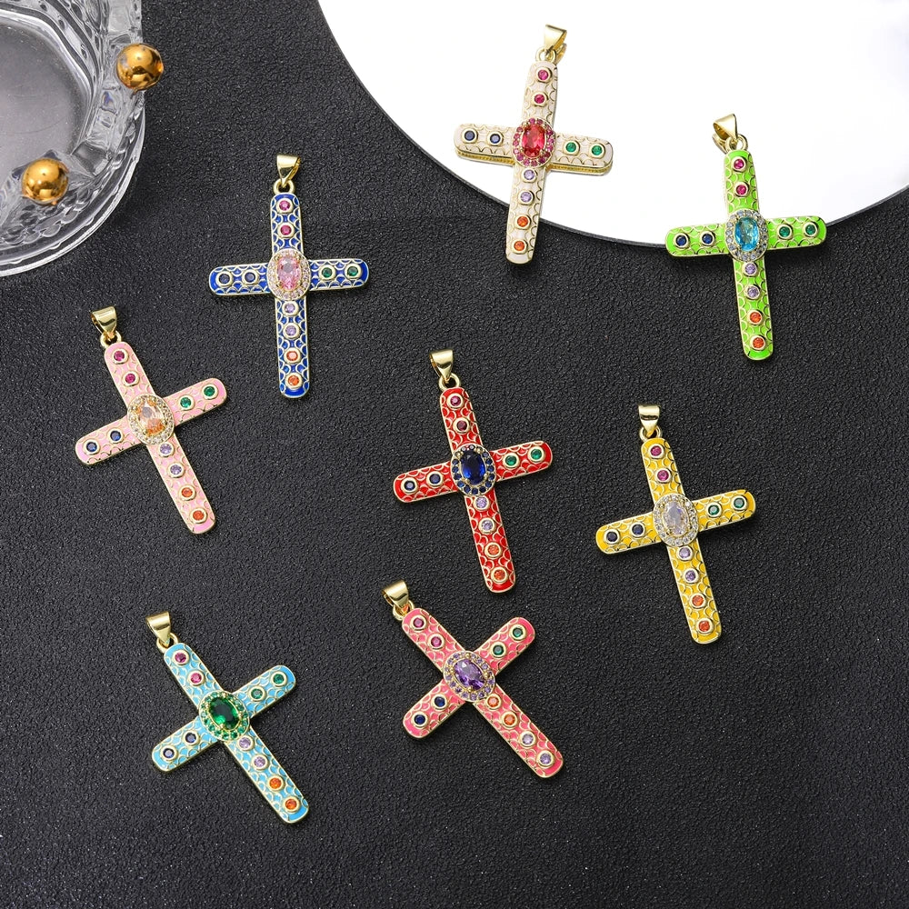 18K Real Gold Plated Enamel Cubic Zirconia Christian Cross Charms For DIY Religious Christmas Pendant Rosary Jewelry Making
