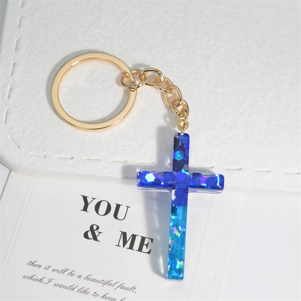 Colorful Sequin Filled Resin Cross Keychain Exquisite Butterfly Pendant Keyring for Women Handbag Accessories Christianity Gift
