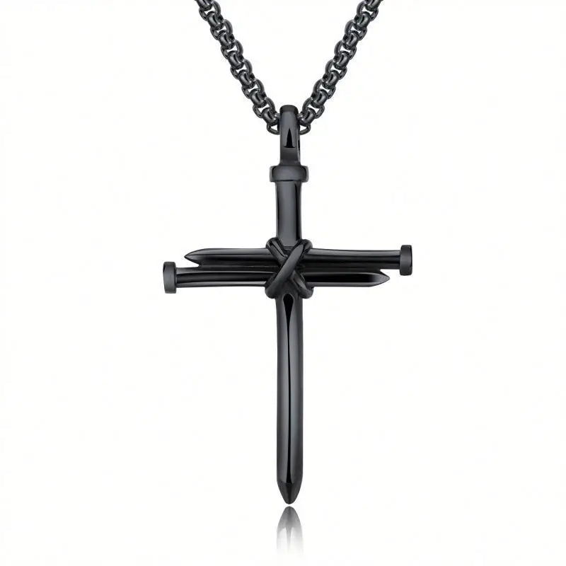 Mens Jewellery Black Stainless Steel Necklace Men Nail Cross Pendant Chain Necklace Christian Church Accessories Collar