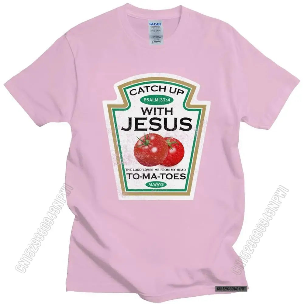 Funny Catch Up With Jesus T Shirt Men Vintage Vegan Tomato T-Shirt Christian Gift Veganism O-Neck Cotton Tee Merchandise
