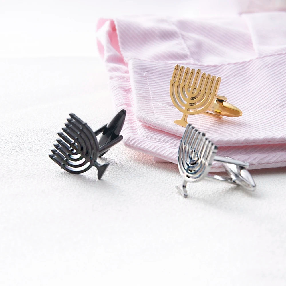 Jewish Menorah Cufflinks for Mens Stainless Steel Shirt Suit Buttons Cufflinks God Shabbat Wedding Accessories Religious Jewelry