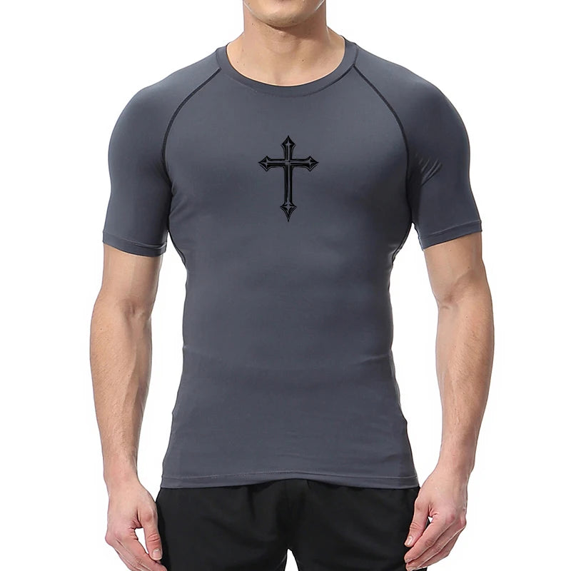 Cross Print Compression Shirt for Men Christian Athletic Tshirt Tees Tops Gym Workout Running Baselayers Undershirts Rash Guard