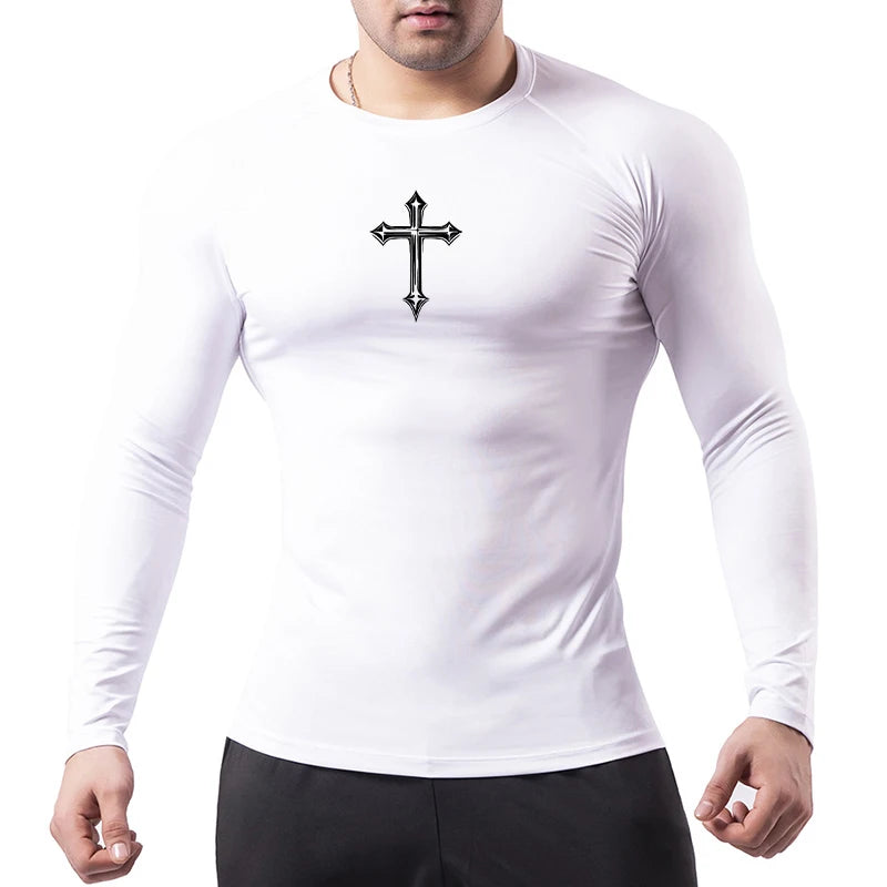Cross Print Compression Shirt for Men Christian Athletic Tshirt Tees Tops Gym Workout Running Baselayers Undershirts Rash Guard