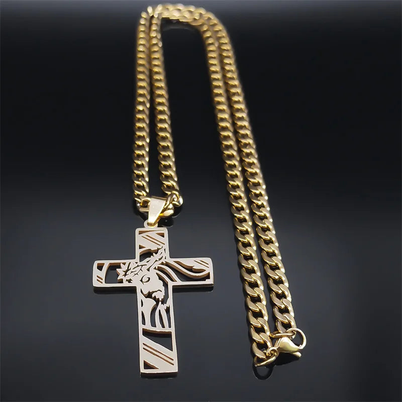 Crown of Thorns Jesus Mary Cross Necklace for Men Stainless Steel Gold Plated Crucifix Pendant Necklaces Jewelry