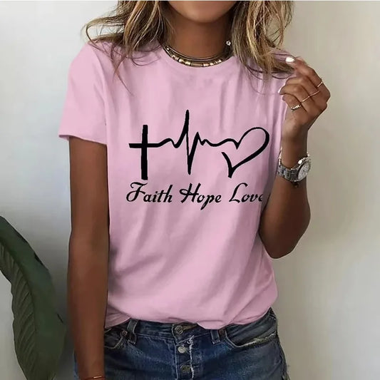 2025 Summer New Retro Women's T-shirt Red Heart Fashion 3D Printing Short-sleeved Casual Street Sports O Collar Ladies Shirt