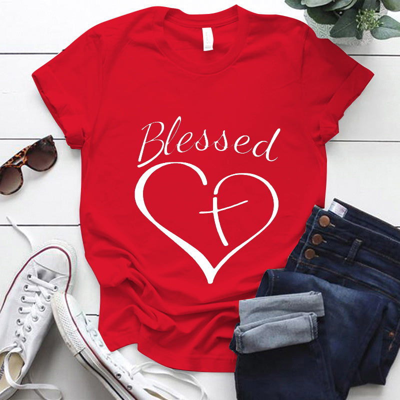 Blessed Cross and Heart Christian T Shirt Grey TShirt Top Harajuku Fashion Streetwear for Women Unisex Clothes Graphic Tee Shirt