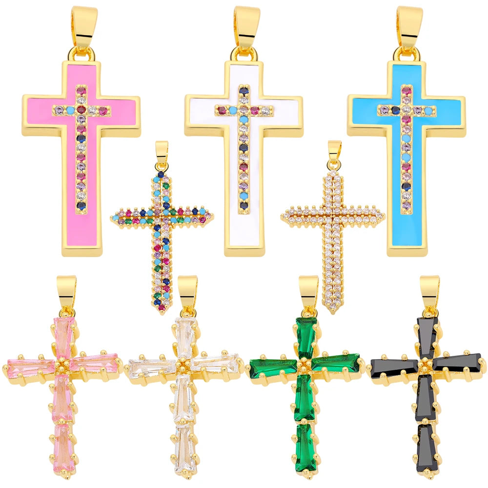 18K Real Gold Plated Enamel Cubic Zirconia Christian Cross Charms For DIY Religious Christmas Pendant Rosary Jewelry Making
