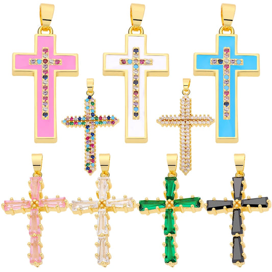 18K Real Gold Plated Enamel Cubic Zirconia Christian Cross Charms For DIY Religious Christmas Pendant Rosary Jewelry Making