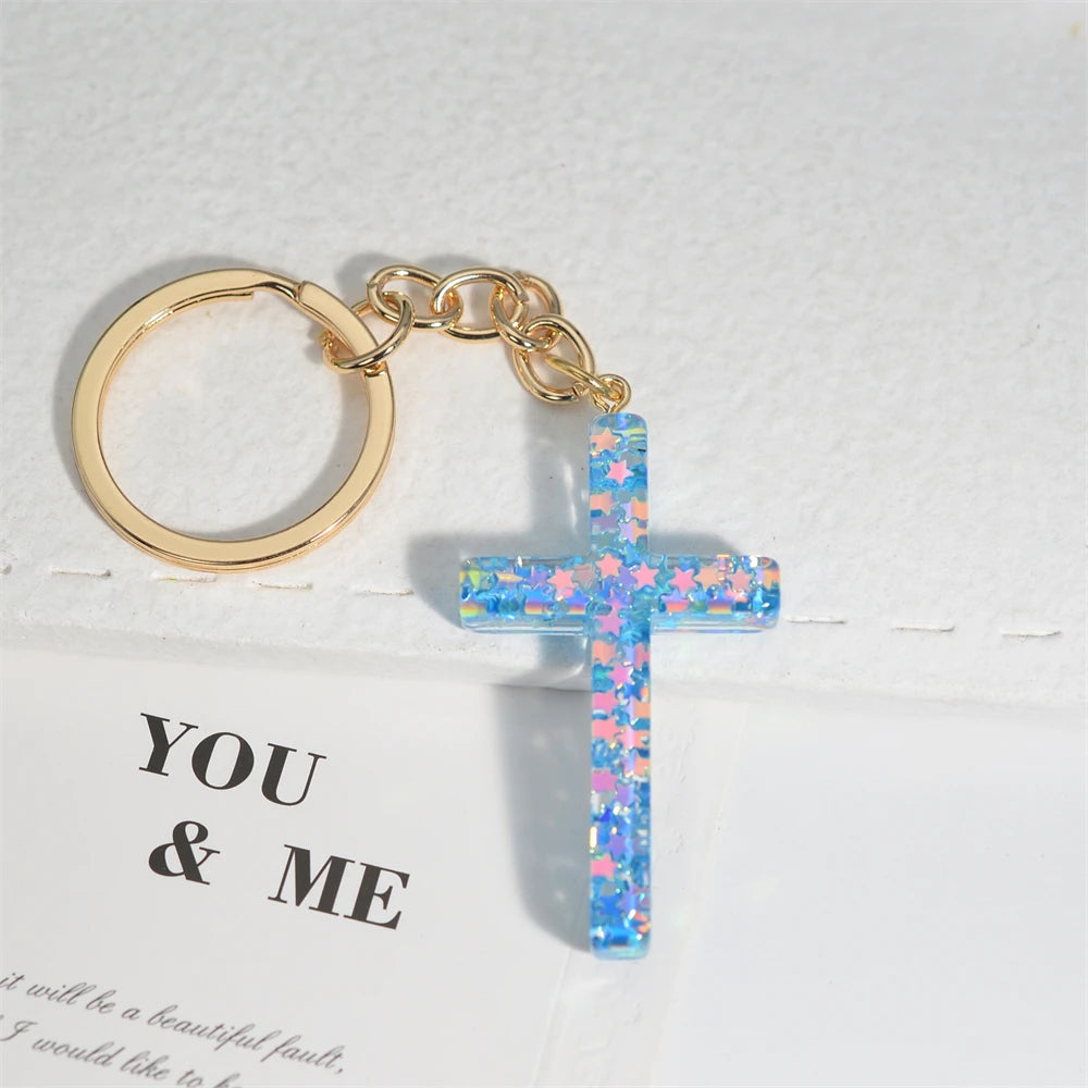 Colorful Sequin Filled Resin Cross Keychain Exquisite Butterfly Pendant Keyring for Women Handbag Accessories Christianity Gift