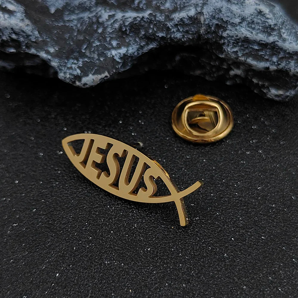 Stainless Steel Jesus Letter Fish Brooch Men's Shirt Suit Badge Pins Fashion Jewelry Accessories Religious Christian Gift