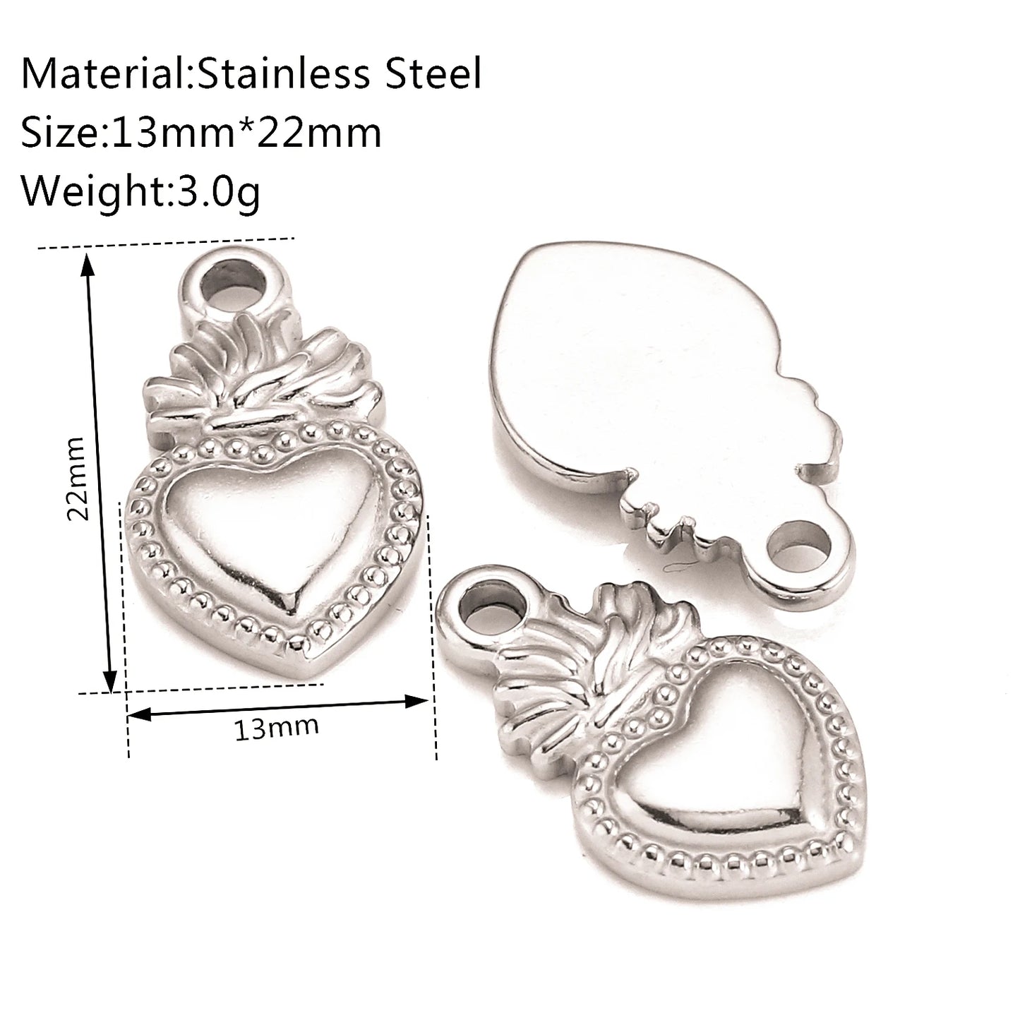 3Pc/Lot Christian Amulet Pendants Stainless Steel Sacred Heart Charms Flame Love Heart DIY Necklace Earring Jewelry Accessories