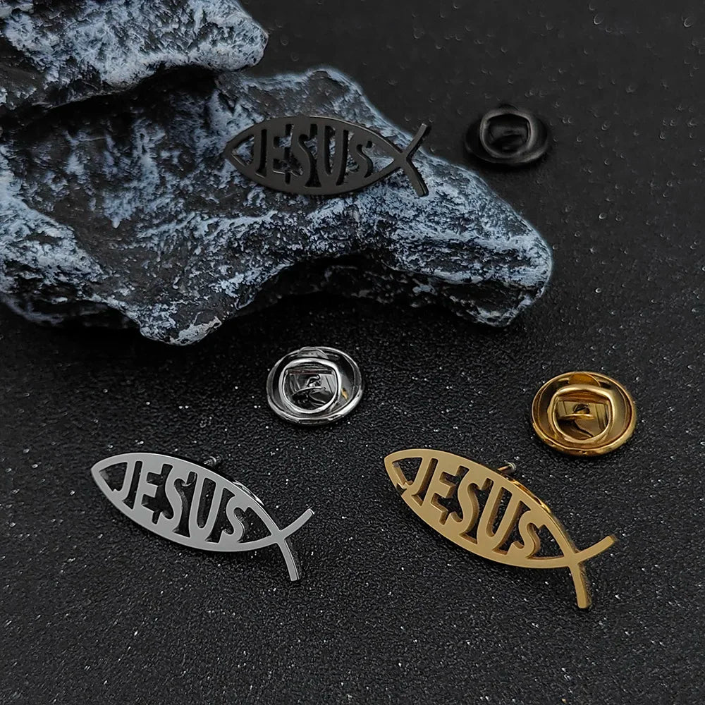 Stainless Steel Jesus Letter Fish Brooch Men's Shirt Suit Badge Pins Fashion Jewelry Accessories Religious Christian Gift