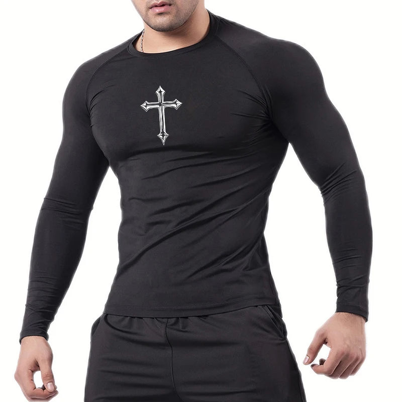 Cross Print Compression Shirt for Men Christian Athletic Tshirt Tees Tops Gym Workout Running Baselayers Undershirts Rash Guard