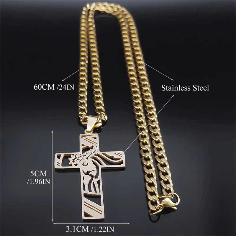 Crown of Thorns Jesus Mary Cross Necklace for Men Stainless Steel Gold Plated Crucifix Pendant Necklaces Jewelry