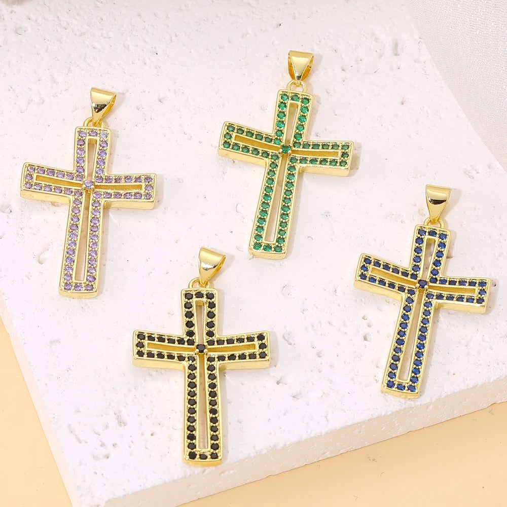 18K Real Gold Plated Enamel Cubic Zirconia Christian Cross Charms For DIY Religious Christmas Pendant Rosary Jewelry Making