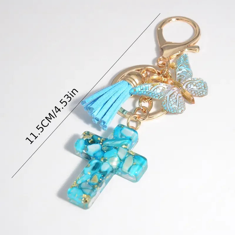 Colorful Sequin Filled Resin Cross Keychain Exquisite Butterfly Pendant Keyring for Women Handbag Accessories Christianity Gift
