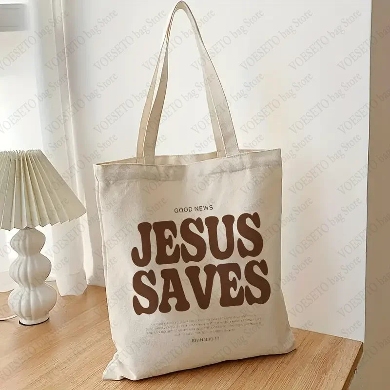 Good News Jesus Saves Pattern Canvas Shoulder Tote Bags Casual Shopping Tote Christ Religion Christian Faith Shopper HandBag
