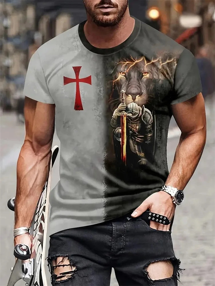 Cross Warrior With Lion Print Fashion Comfort Men's T-shirt Outdoor Street Trend Fashion Men's Top Jesus Print Men's Y2K Top