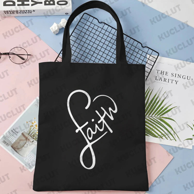 Faith Print Shopping Bag Tote Handbag Shopper Recycle Bag Reusable Tote Jesus Fashion Casual Handbag Purse Travel Beach Totes