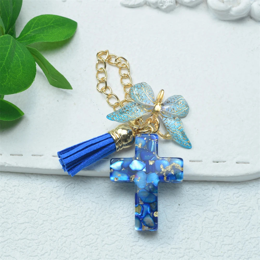 Colorful Sequin Filled Resin Cross Keychain Exquisite Butterfly Pendant Keyring for Women Handbag Accessories Christianity Gift