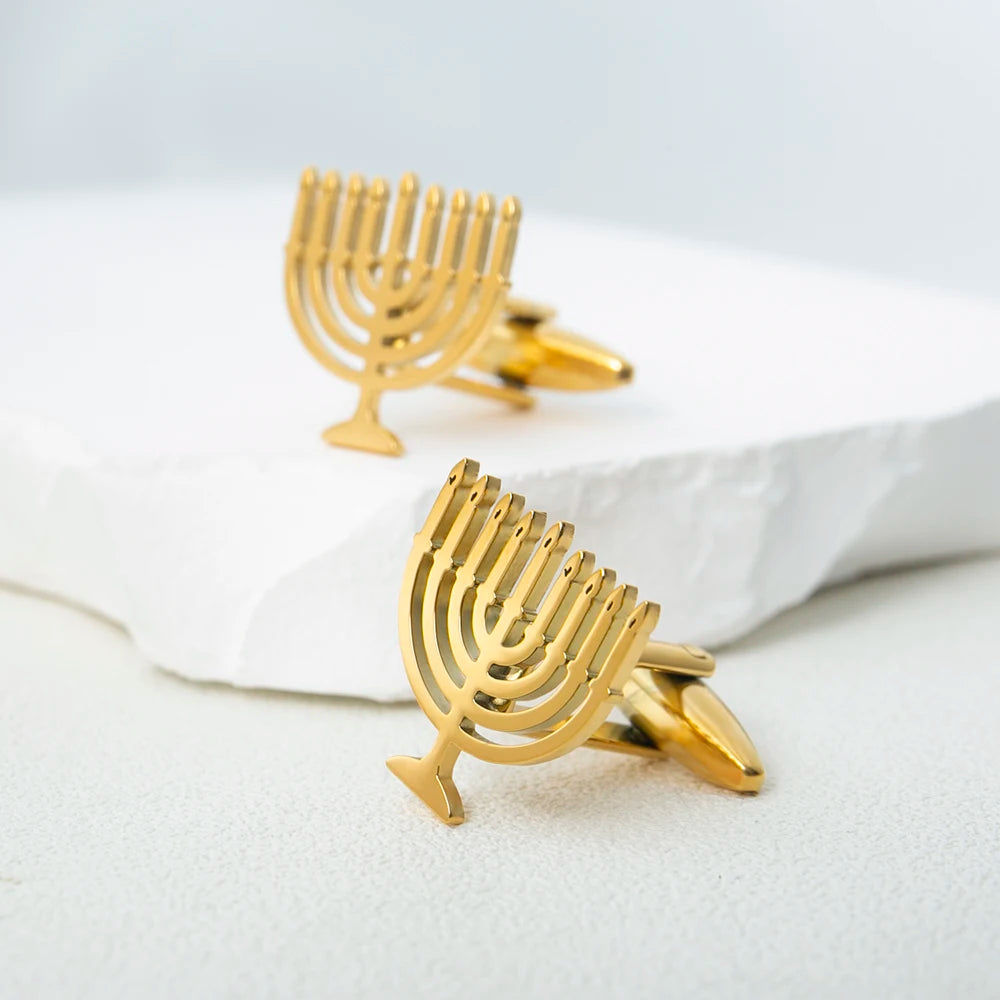 Jewish Menorah Cufflinks for Mens Stainless Steel Shirt Suit Buttons Cufflinks God Shabbat Wedding Accessories Religious Jewelry