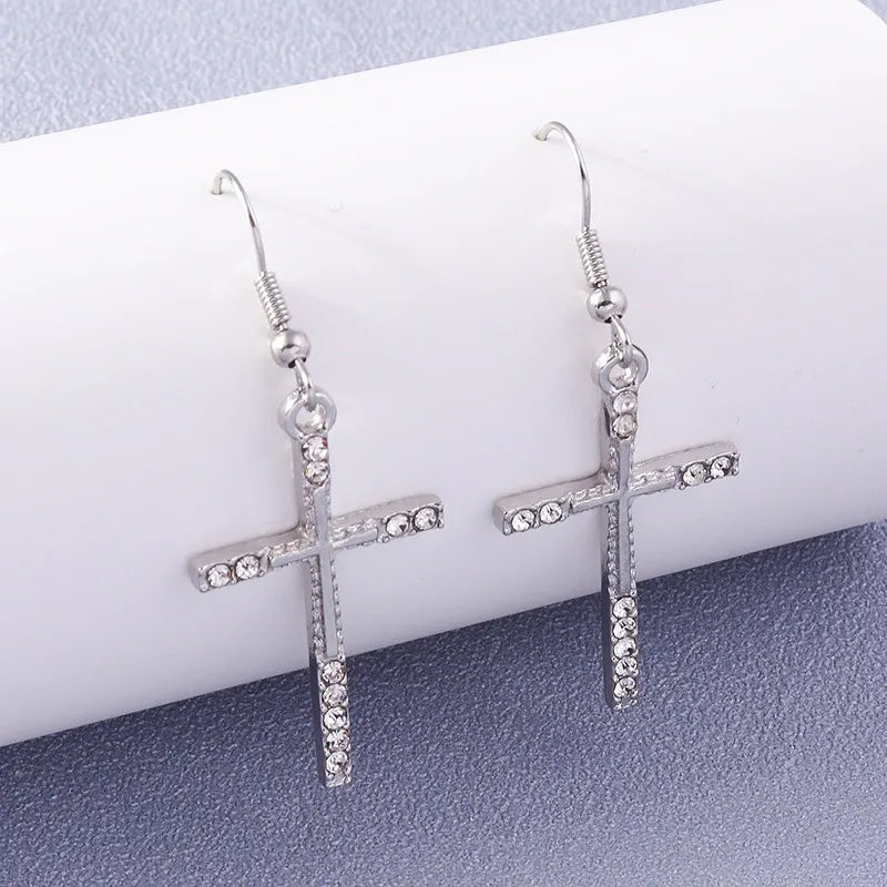 Fashion Zircon Crystal Cross Earrings for Women Men Gothic Punk Hip Hop Jesus Crucifix Dangle Earring Christian Party Jewelry