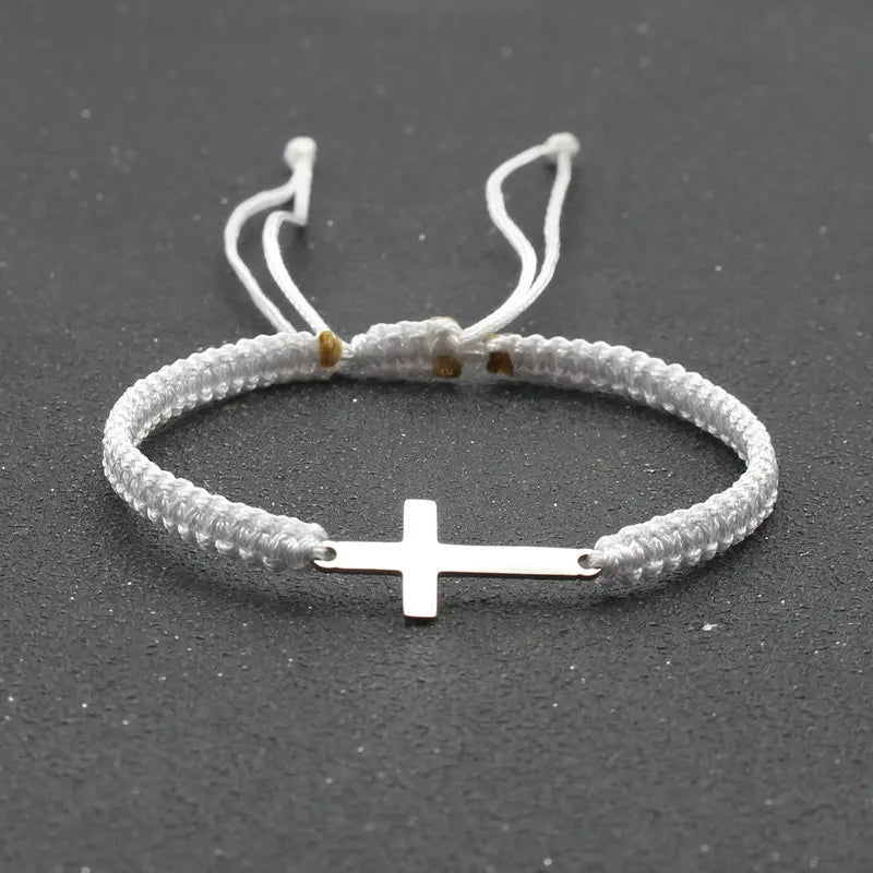 Simple Cross Black White Braided Rope Couple Bracelets Silver Color Adjustable Bracelet Christian Jewelry