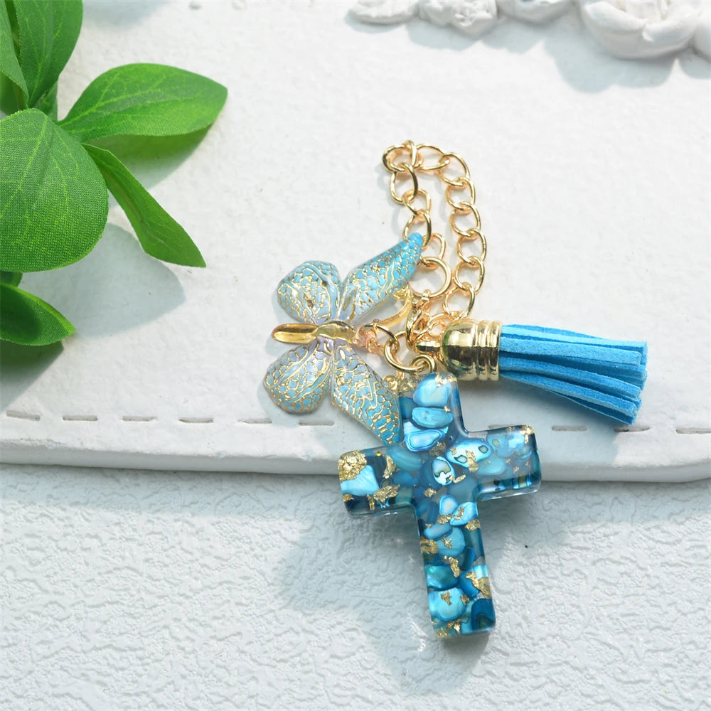 Colorful Sequin Filled Resin Cross Keychain Exquisite Butterfly Pendant Keyring for Women Handbag Accessories Christianity Gift