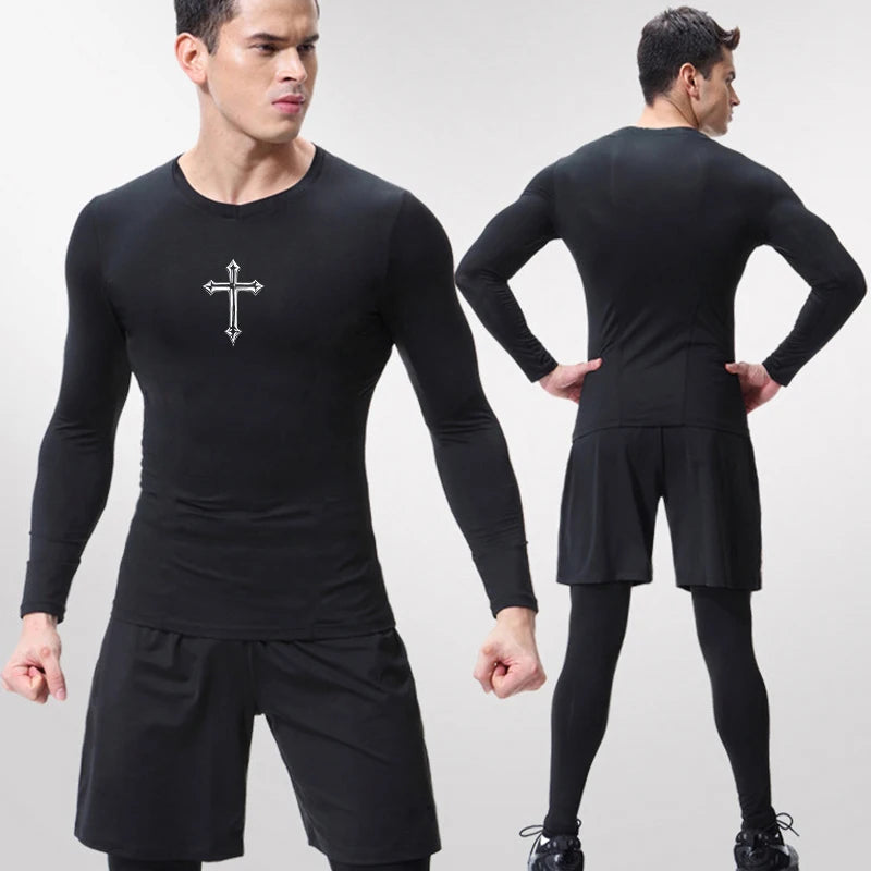 Cross Print Compression Shirt for Men Christian Athletic Tshirt Tees Tops Gym Workout Running Baselayers Undershirts Rash Guard