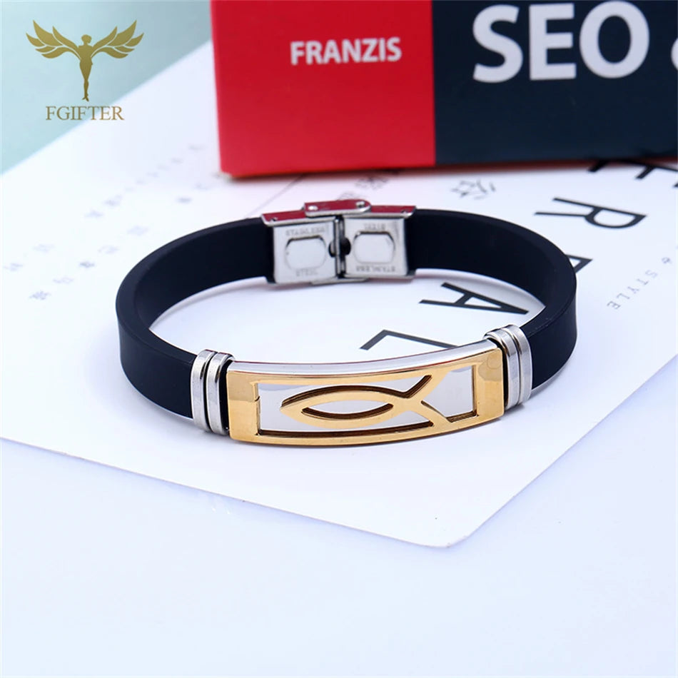 Christian Jesus Fish Cross Bracelet Ichthys Ichtus Symbol Stainless Steel Accessories Silicone Wristband Washable Summer Jewelry