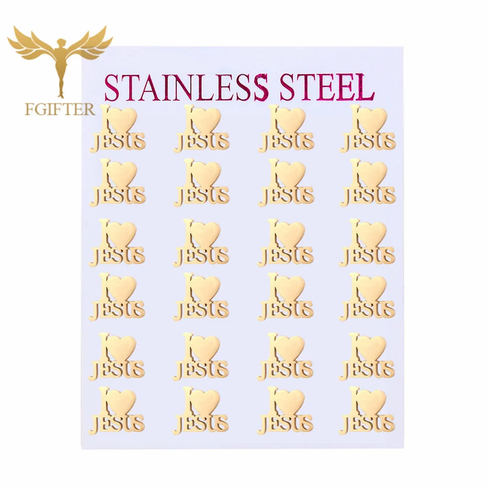 12 Pairs Pack Stainless Steel Earrings Set Cross Jesus Ear Studs Piercing Jewelry Wholesale Christian Catholicism Accessories