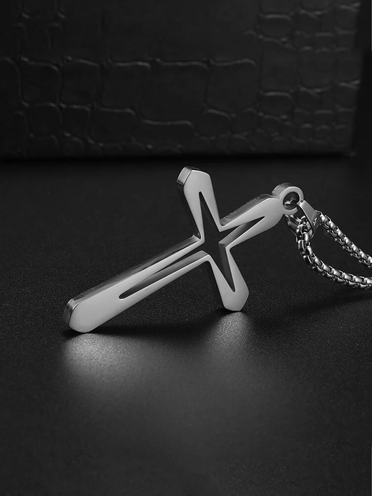Fashion Design Simple Hollow Cross Pendant Men\'s Hip Hop Stainless Steel Necklace Religious Christian Amulet Jewelry