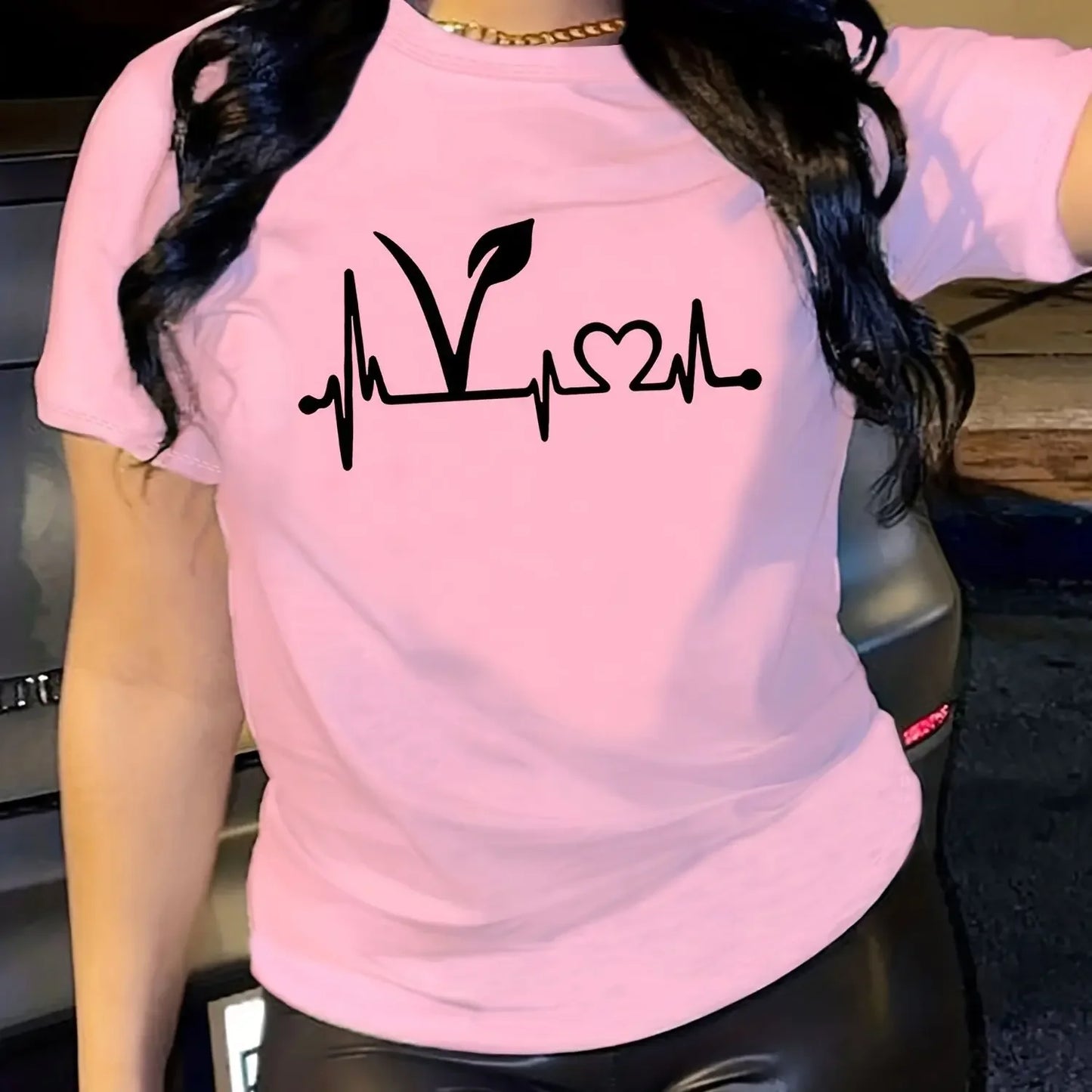 Plant Print Short Sleeve T-Shirt Crew Neck Casual Top for Summer Spring Women's Clothing Casual Fashionable Personality Pullover