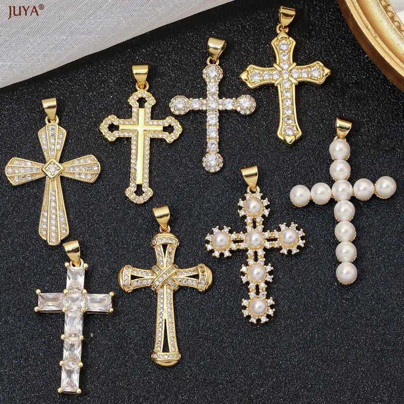 Luxury Natural Zircon Cross Talisman Charms 18k Gold Plated Pendants For Women Necklaces DIY Jewelry Making Accessories